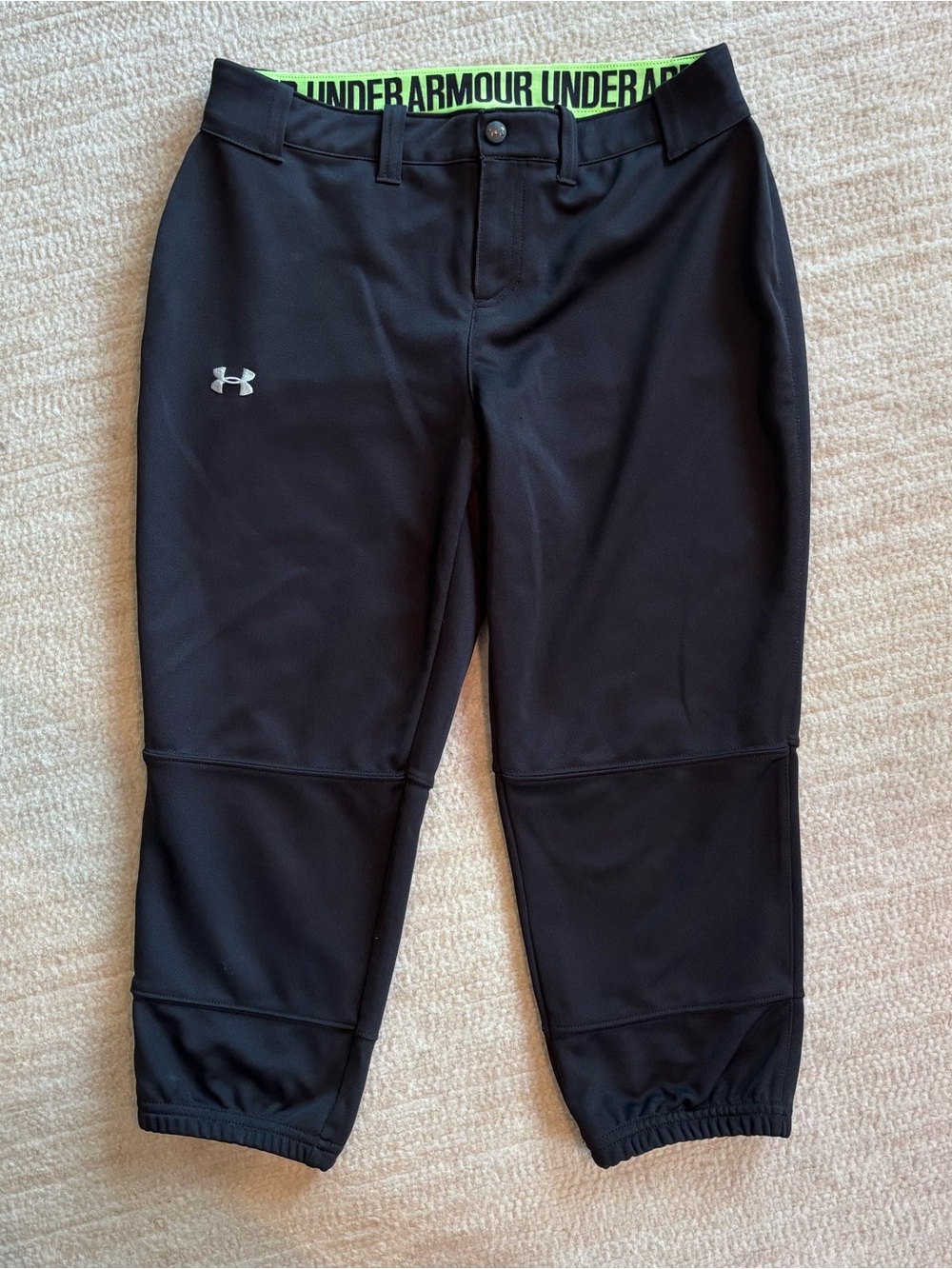 Under Armour Softball Black Cropped Athletic Pants with Neon Green Waistband
